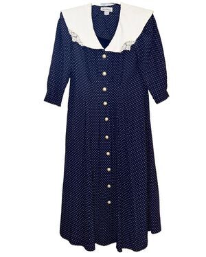 Vintage Ultra Dress Medium Fit Navy Polka Dot Midi Dress Lace Collar Made USA